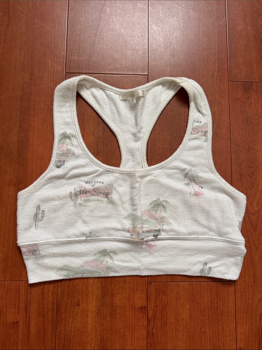 Z Supply White Terry Racerback Bralette with Pastel Palm & Cactus Print